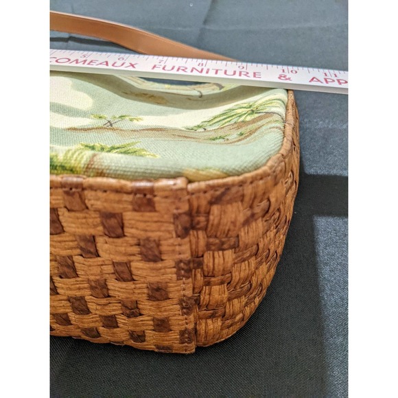 New Vintage Fossil Beach Print Shoulder Purse Bag Canvas Woven Rattan Detail - Picture 3 of 8